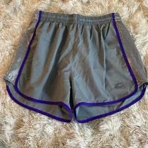 Grey and purple athletic shorts